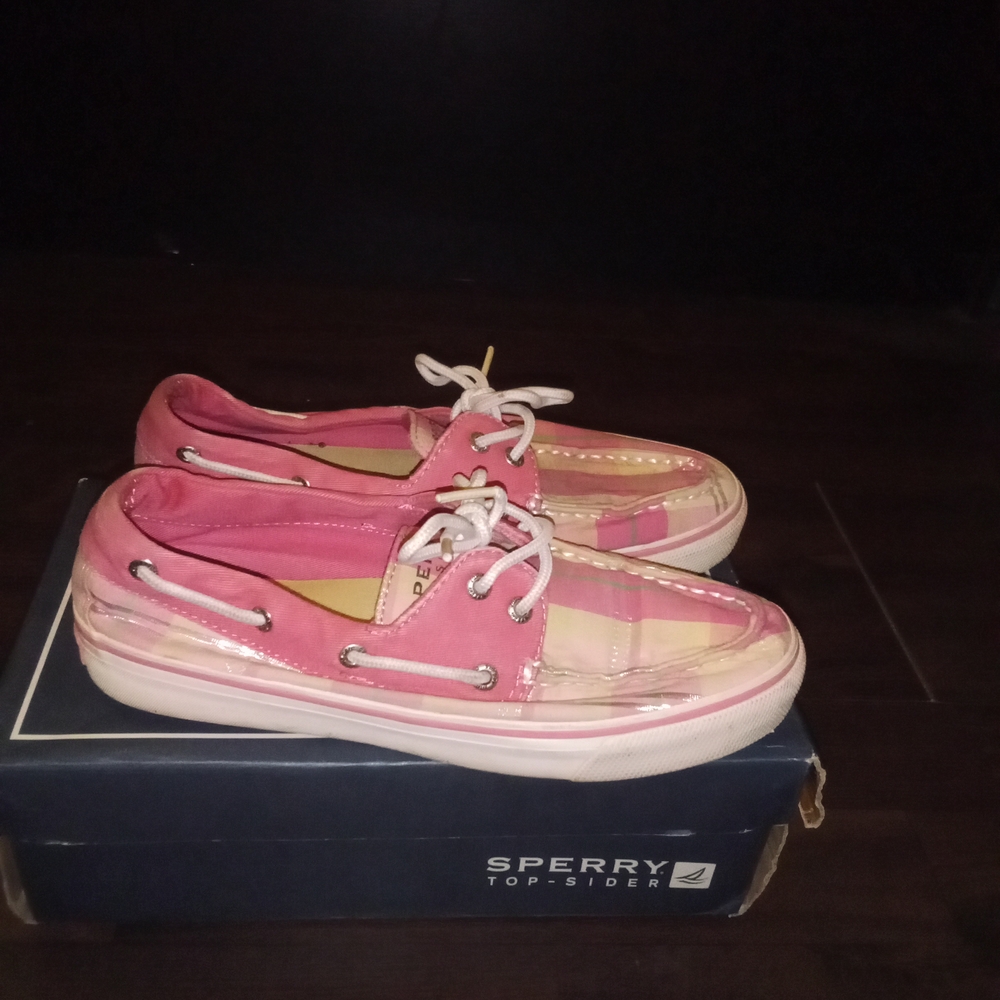 Sperry Pink & Yellow Plaid Canvas Boat Shoes - Picture 2 of 5